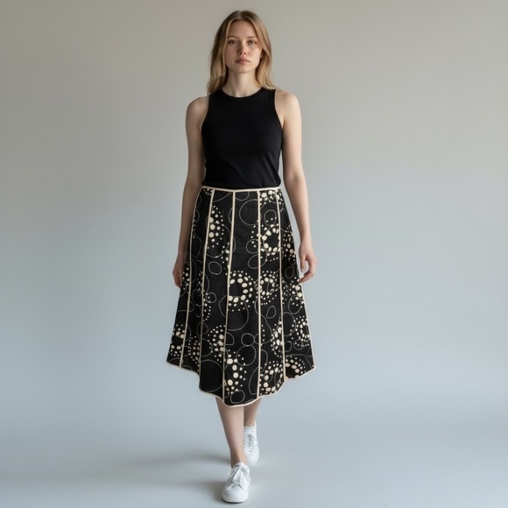 Vintage Donna Cody linen, paneled midi skirt black and cream size 8